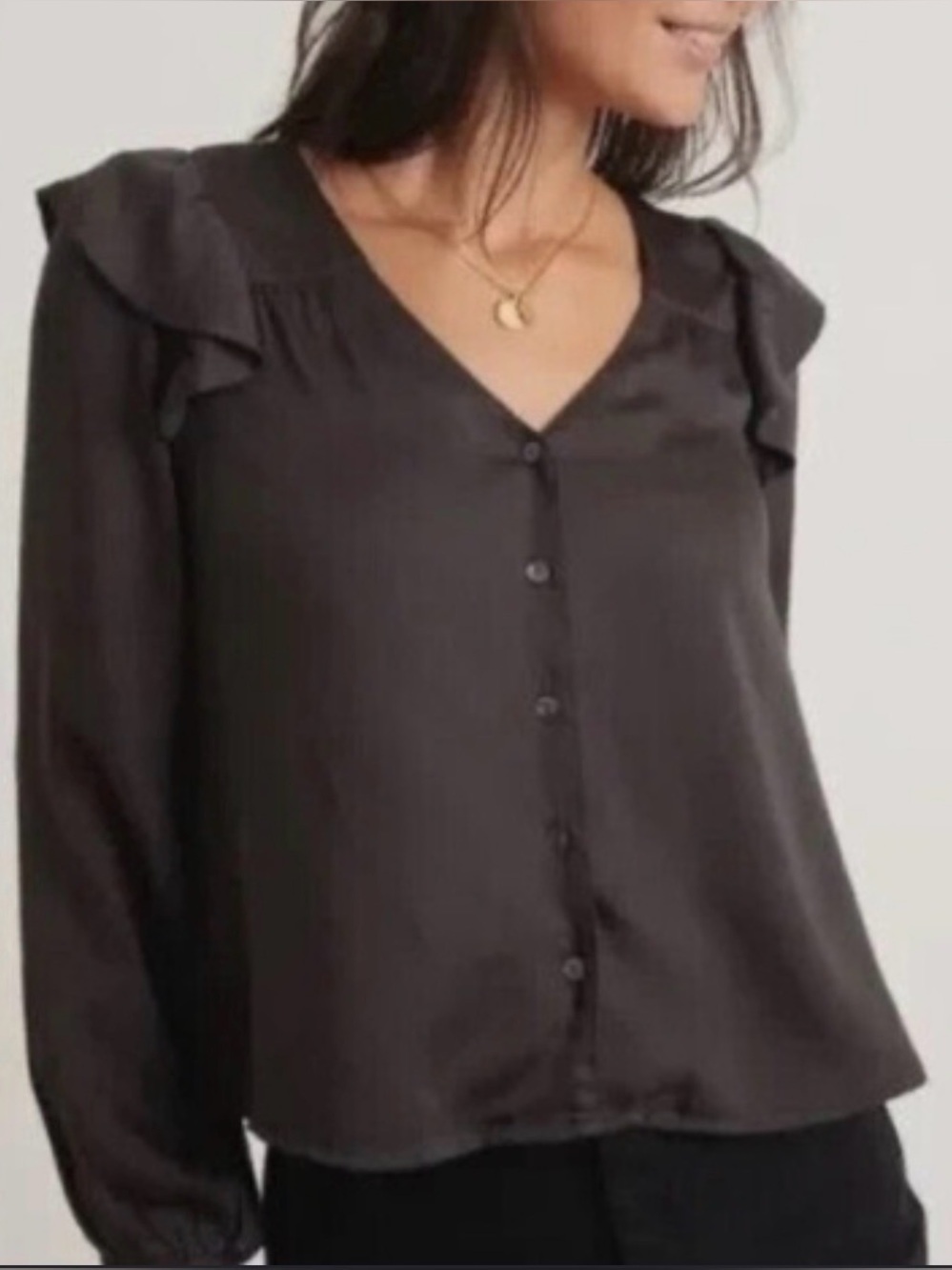 Marine Layer Rory long-sleeve ruffle blouse in charcoal Medium